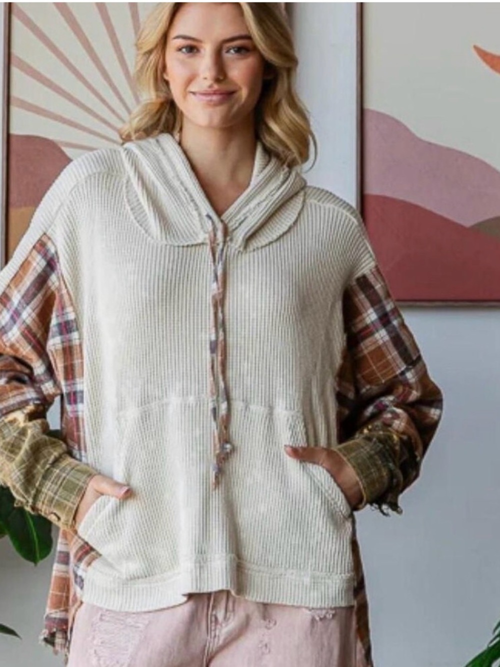 Oli & Hali Cream Knit Hoodie with Brown Plaid Accents